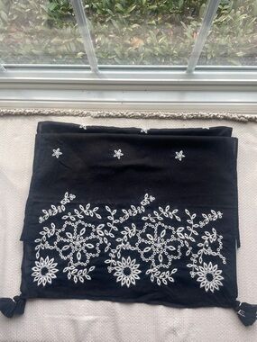J. Jill Black Scarf with White Floral Embroidery and Tassels .Oblong shape18x72